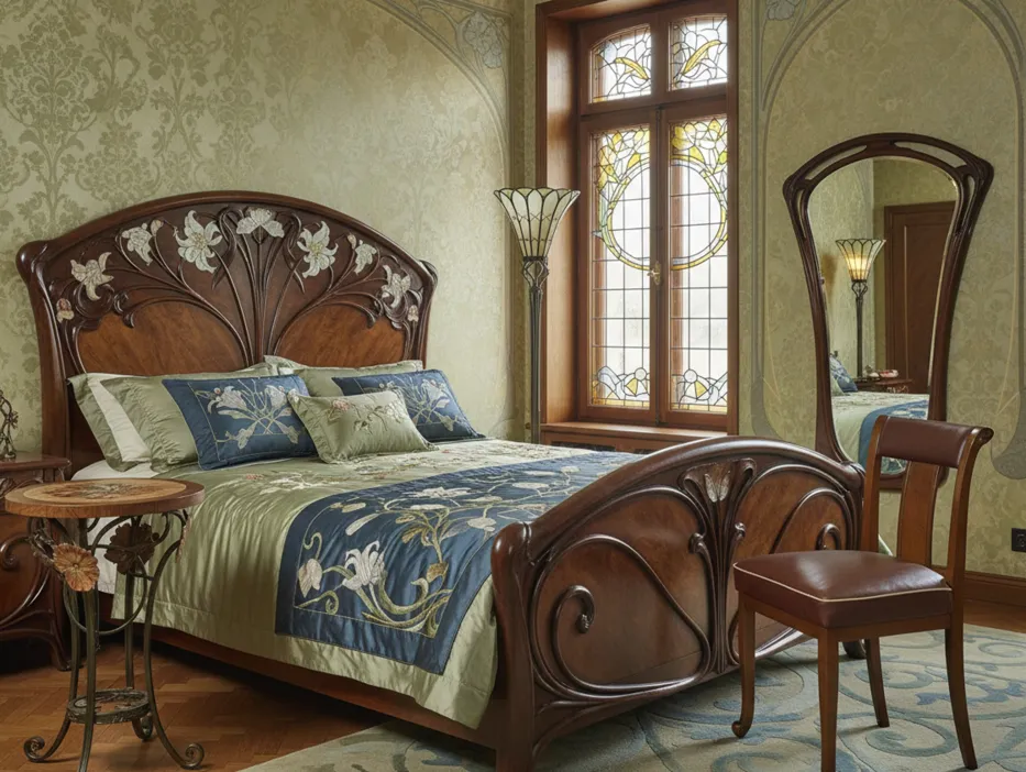 Chaise antique dans une chambre classique avec motifs floraux.