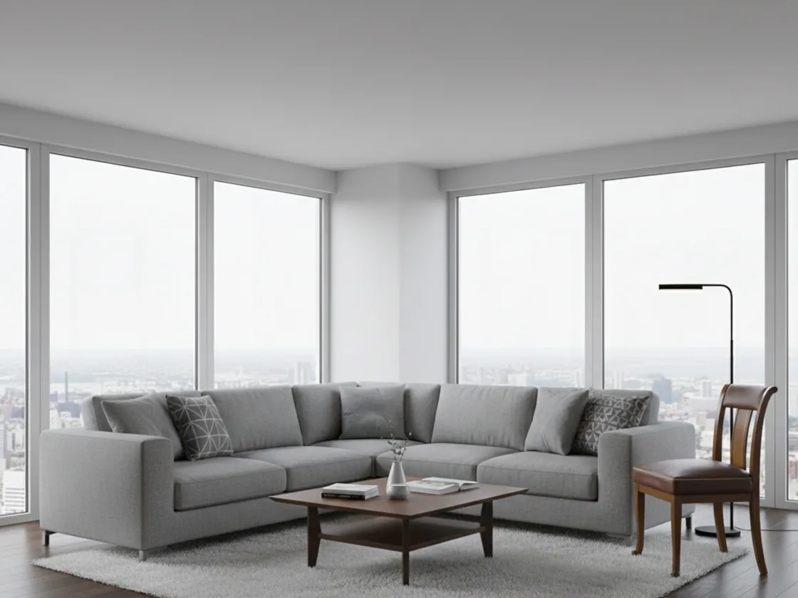 antiker Stuhl zur Restaurierung in einem modernen Raum mit Sofa und Tisch