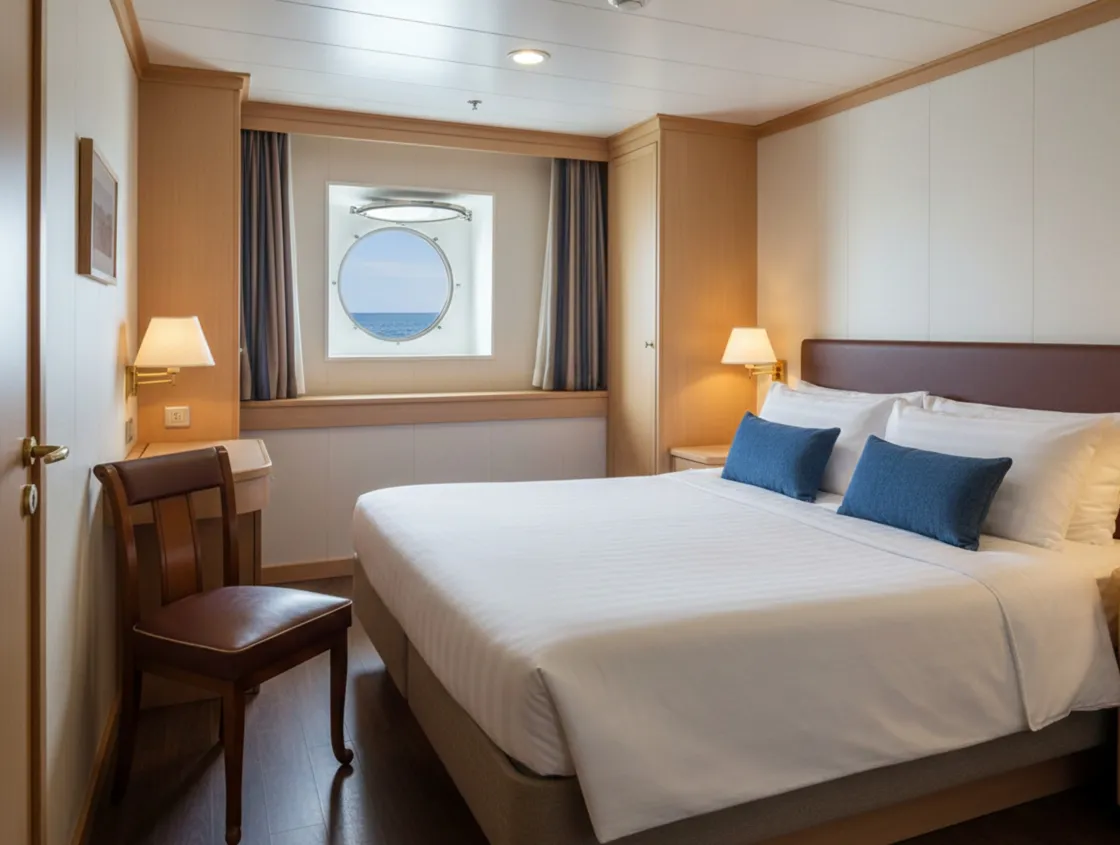 sedia antica di legno in un ambiente elegante di camera da letto con finestra circolare