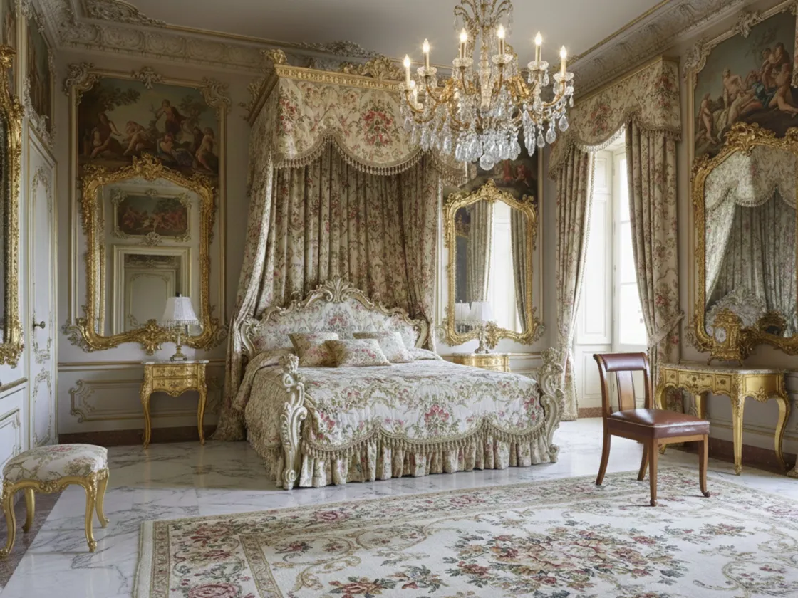 silla antigua para restaurar en un elegante dormitorio con detalles ornamentales.