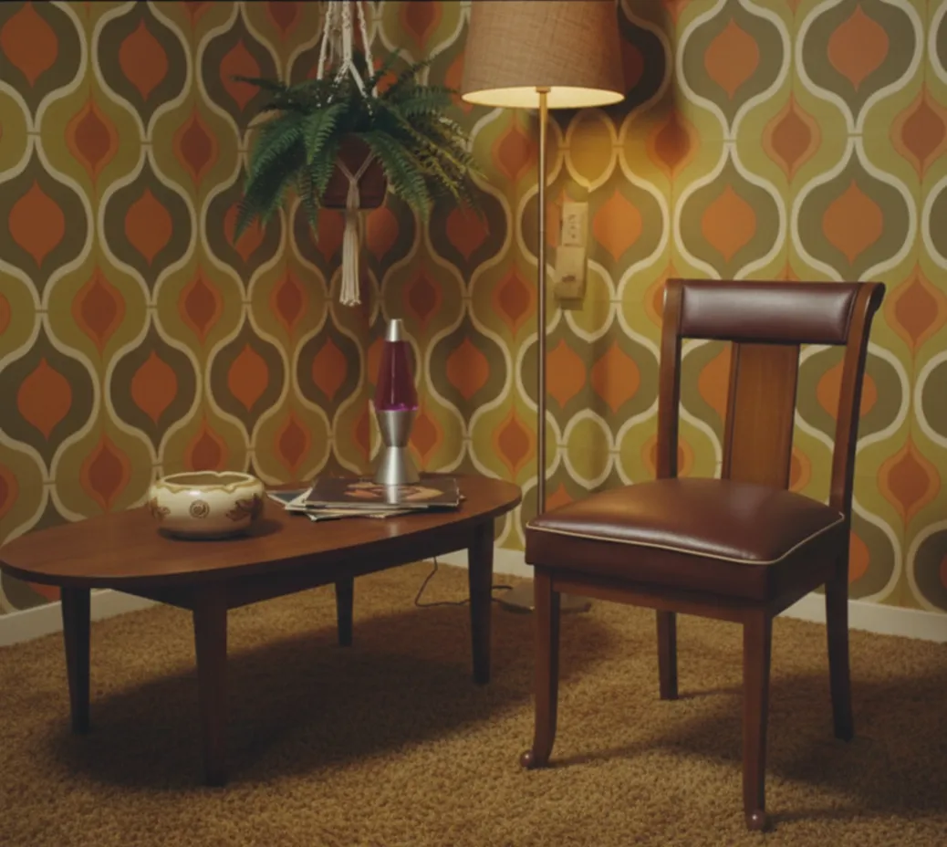 An antique chair in a room with retro decor