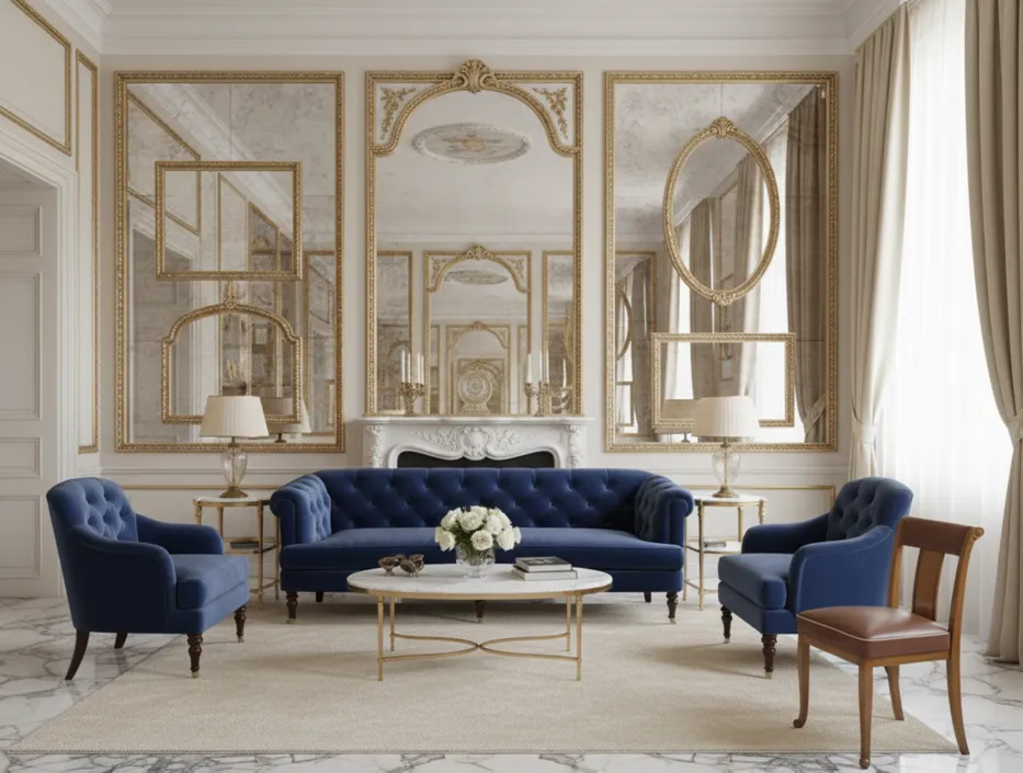 sedia antica con design classico, parte di un elegante soggiorno con decorazioni dorate