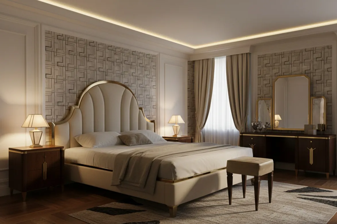 Antiker Hocker in einem klassischen und eleganten Ambiente mit dekorativen Accessoires.