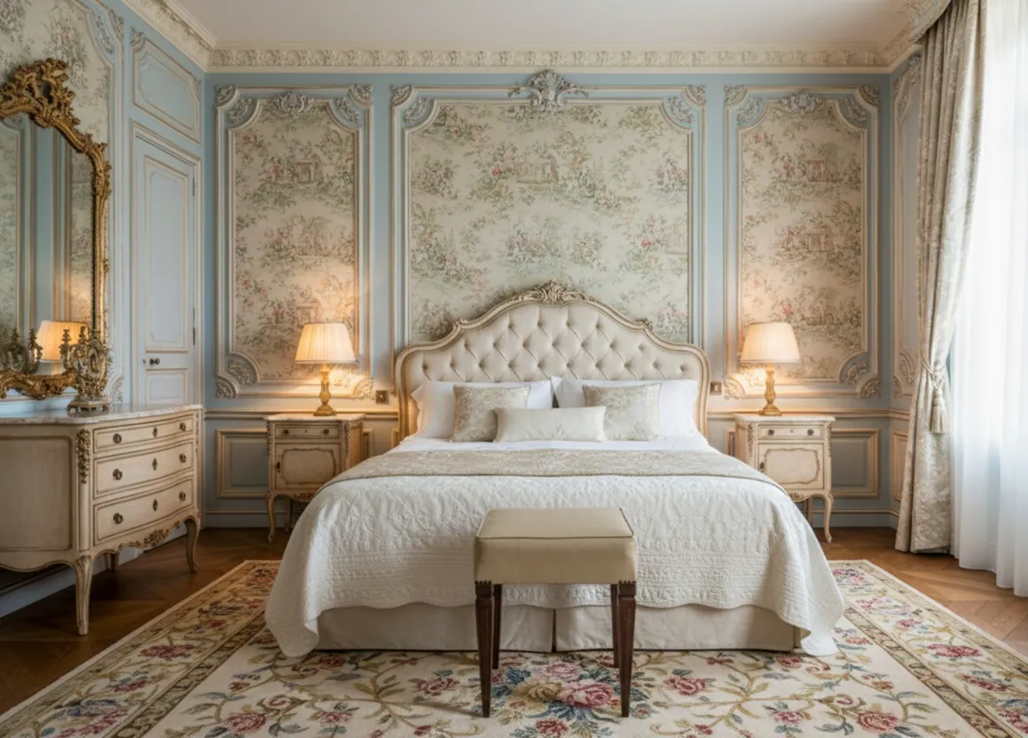 banqueta pequeña en un dormitorio con cama elegante y cortinas