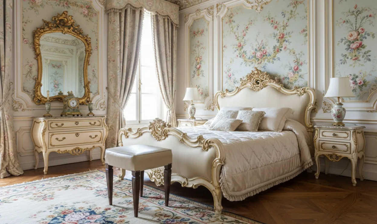 Старинные табуреты в роскошной обстановке с флористическими узорами.