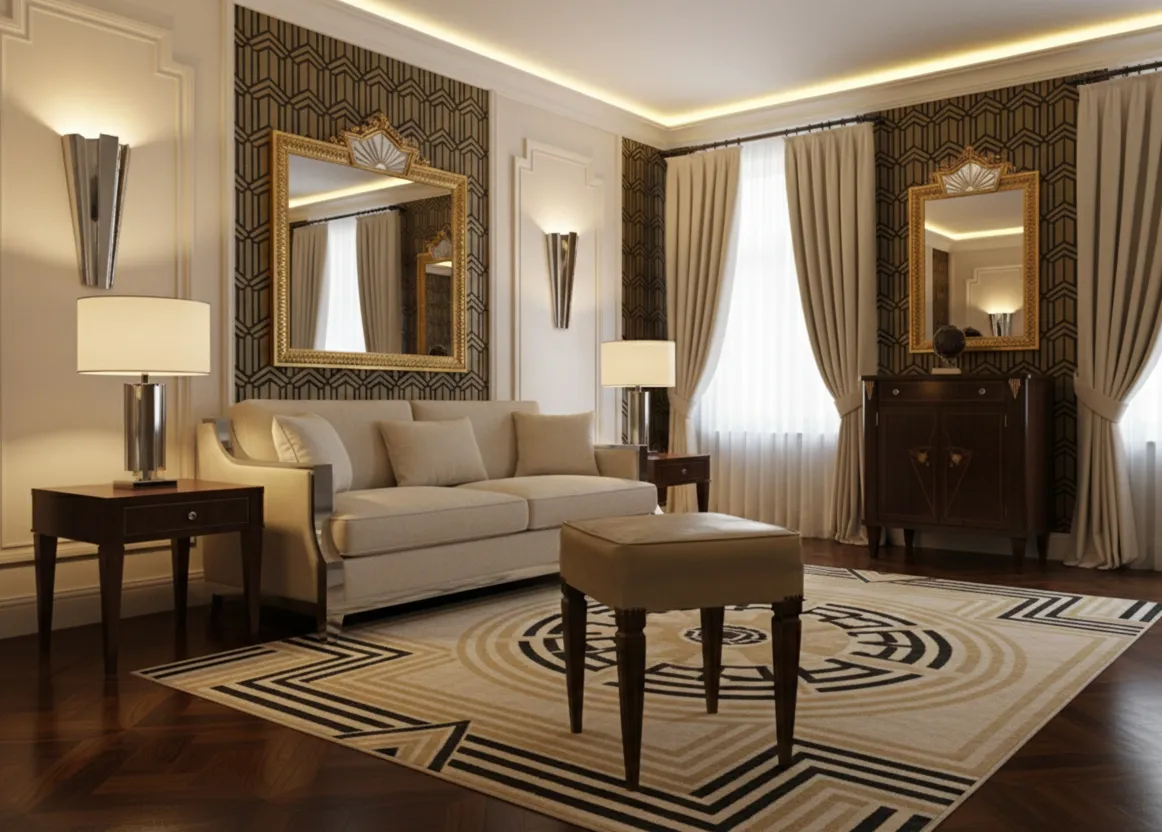 Antique stool in a contemporary living room, with carpet and sofa.