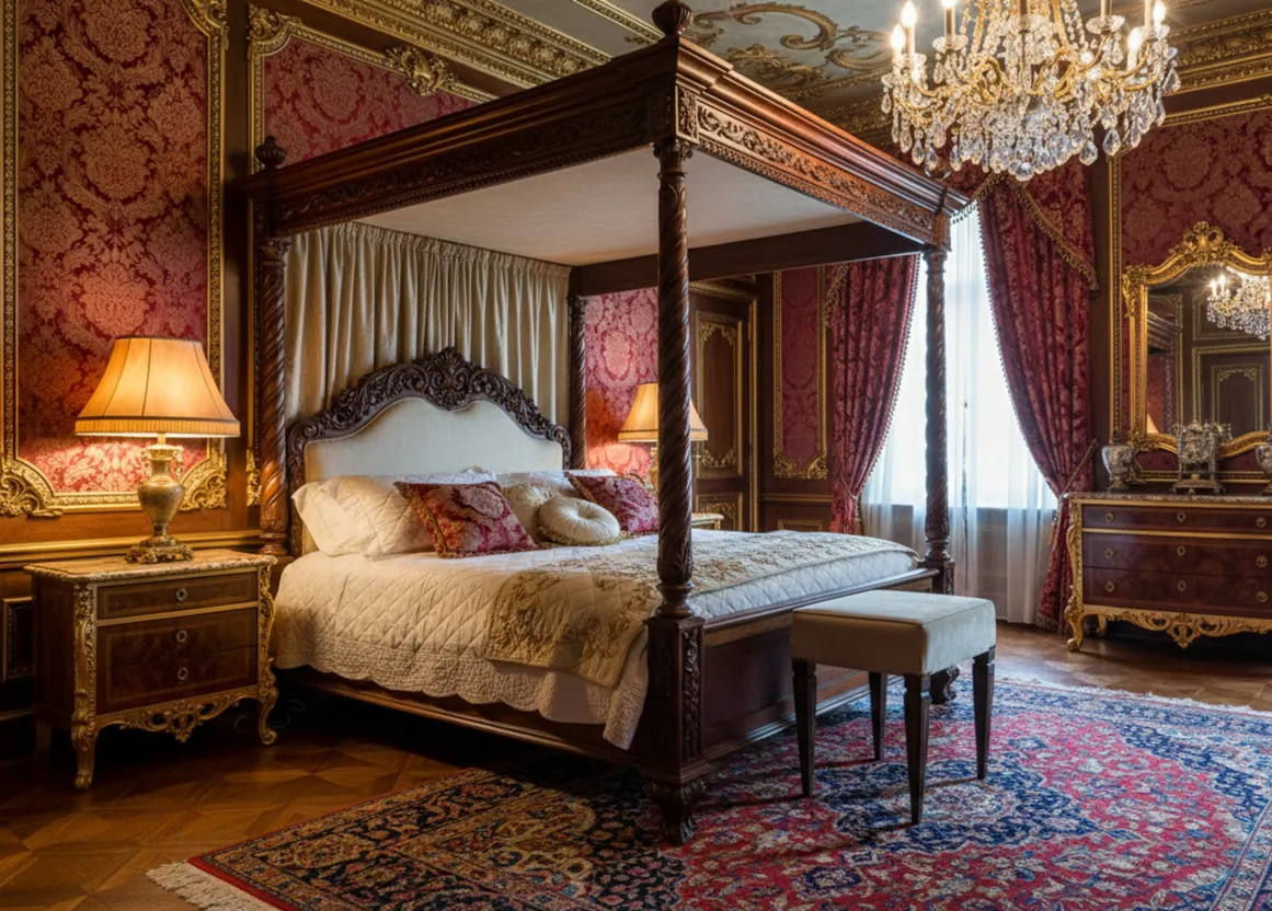 Antiker Hocker im Schlafzimmer mit opulenter Dekoration.