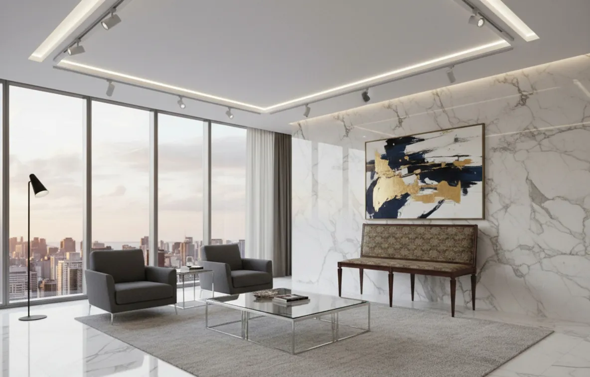 Vista de uma antiga banqueta em um interior elegante com luzes.