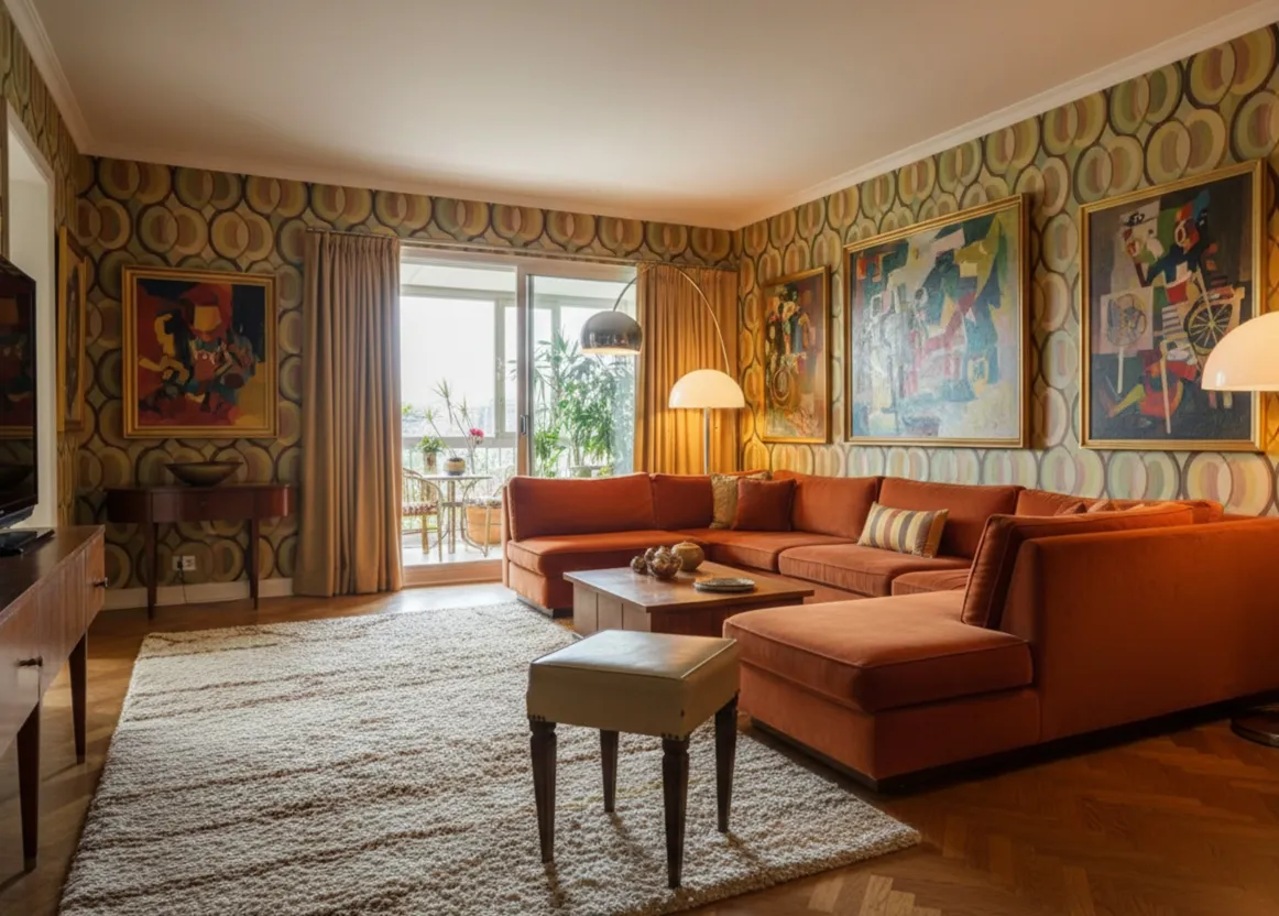 Banqueta antiga em ambiente clássico com sofá laranja