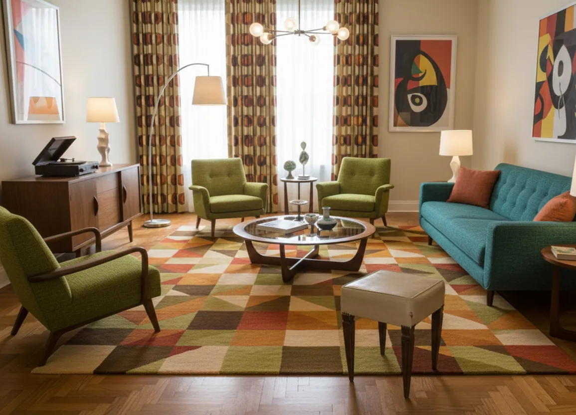 Banqueta antigua con asiento blanco en un salón moderno, con sillones verdes y una mesa de café.