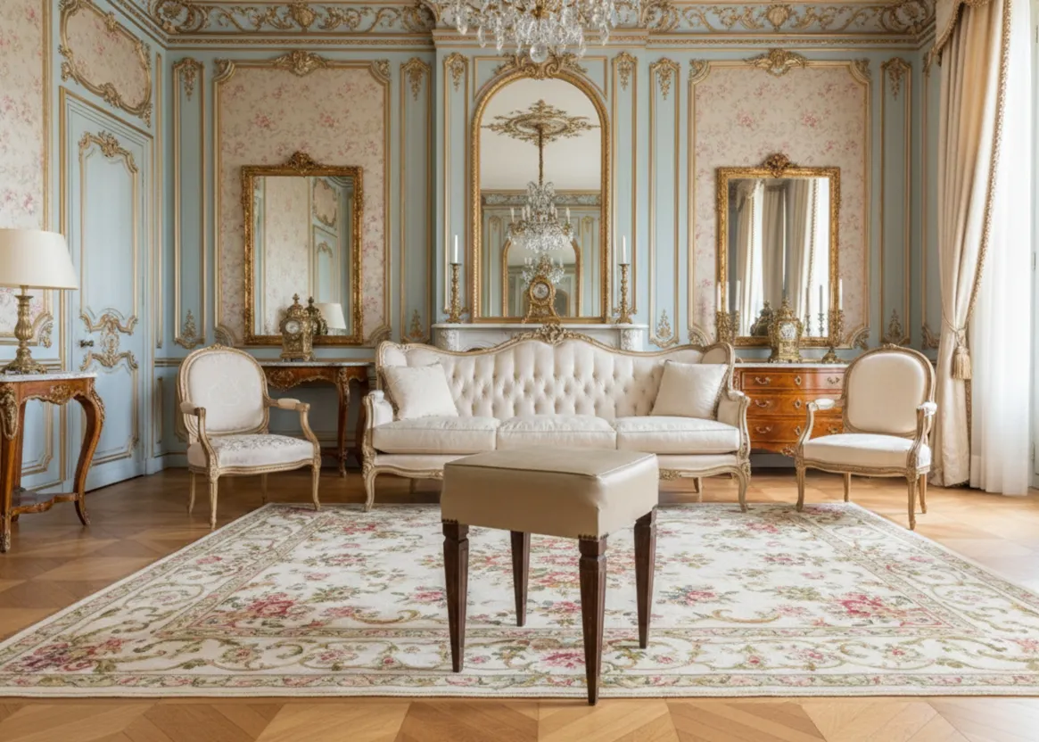 Tabouret ancien avec un design élégant dans un salon classique, entouré de meubles décoratifs.
