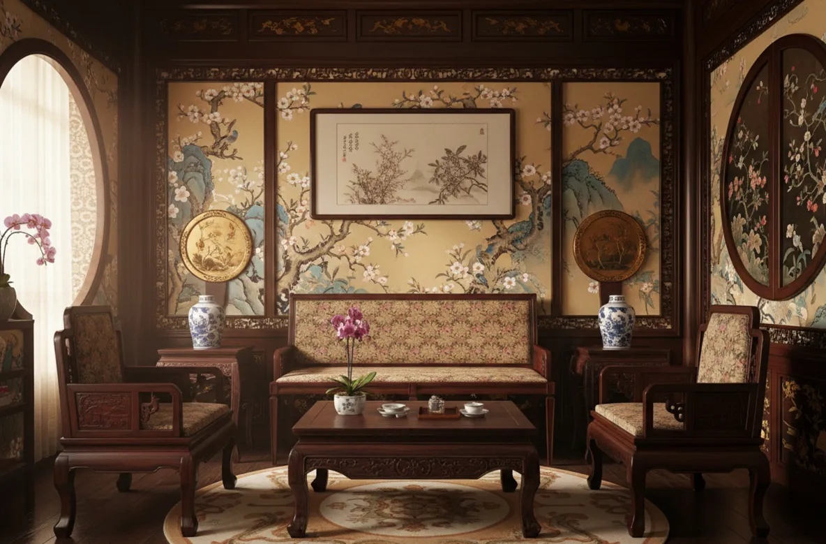 Antique sidewalk chair with floral upholstery in an elegant setting.