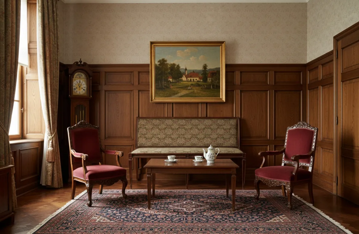 Antiker Hocker in einem eleganten Wohnzimmer mit Gemälde und Uhr.