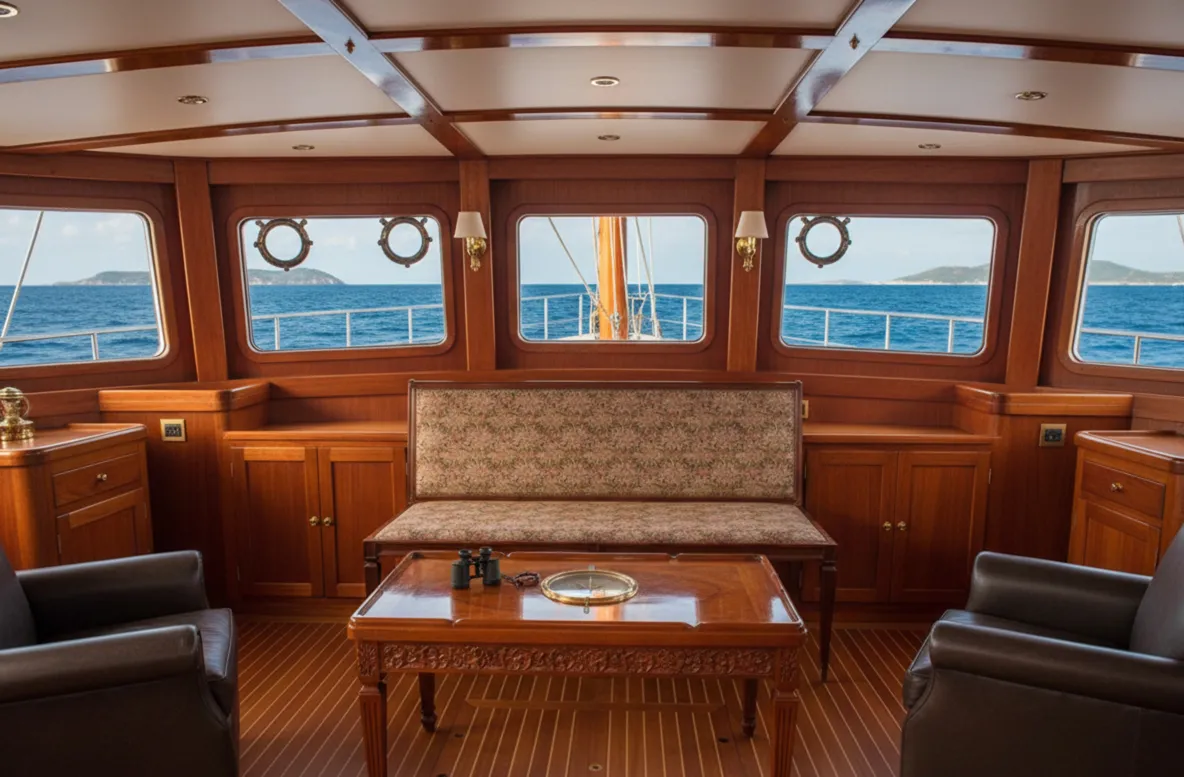 sgabello antico all'interno di uno yacht con vista mare