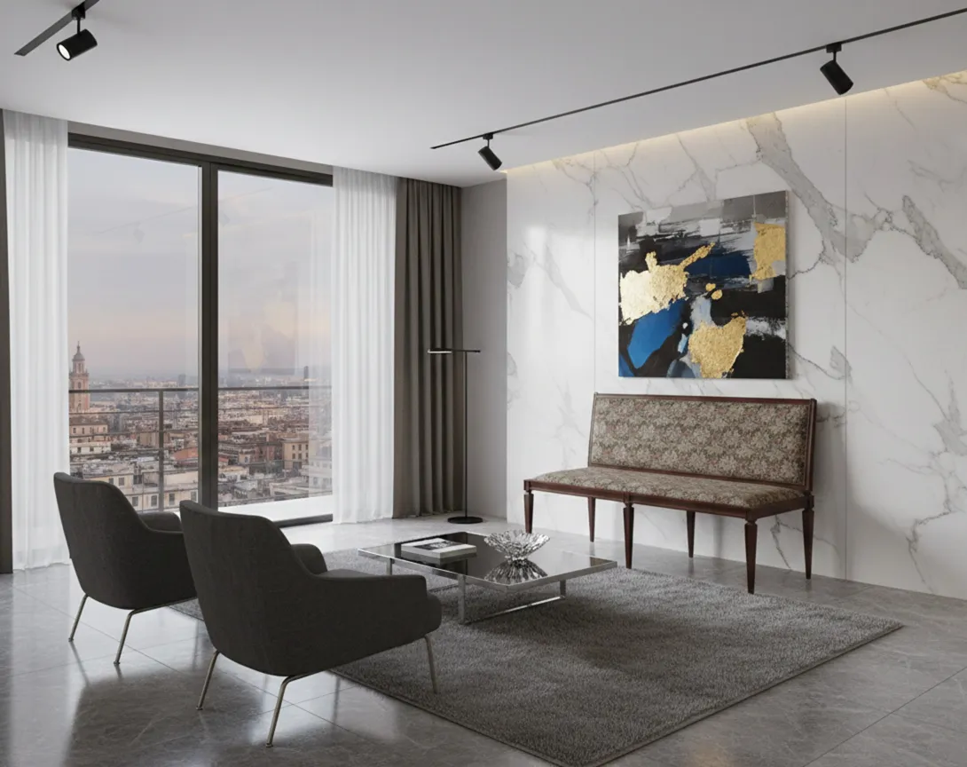 Sgabello antico decorativo con motivo floreale in un ambiente moderno