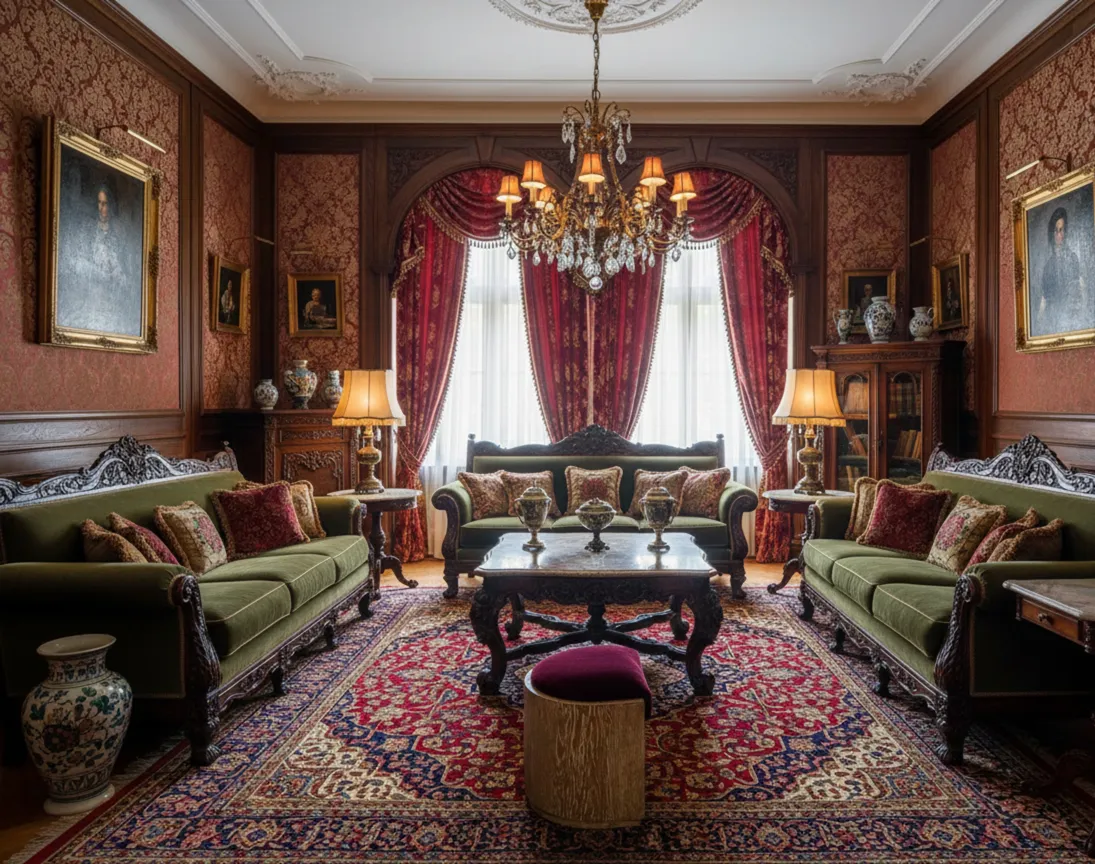 Antigua banqueta de salón con detalles ornamentales en ambiente clásico.