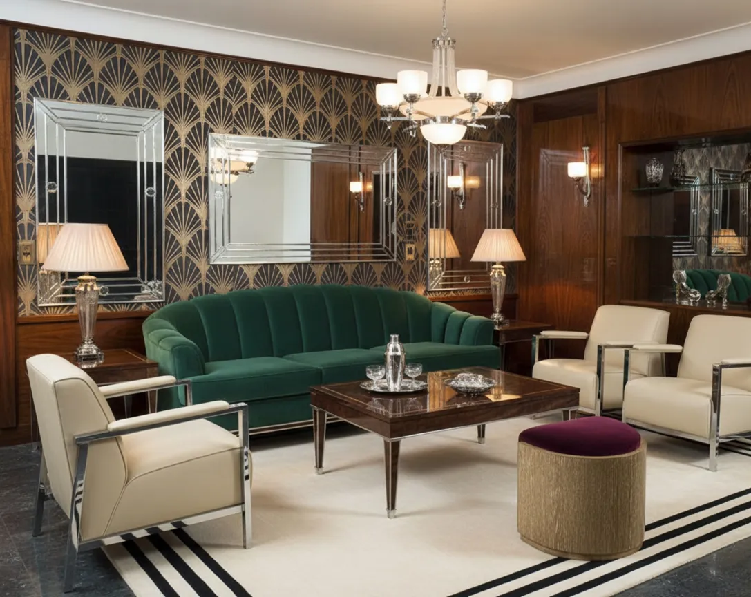 Antique sidewalk in a classic living room with green sofa