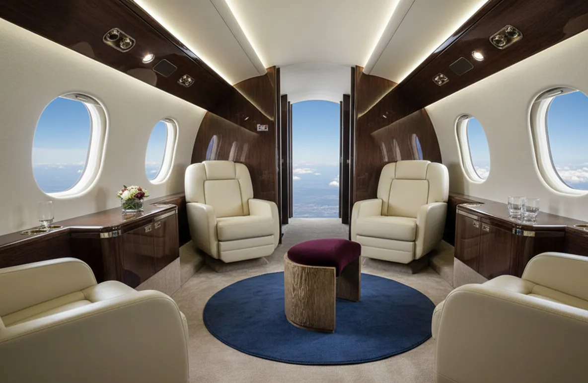 antique stool with cushioned seat in a luxury airplane