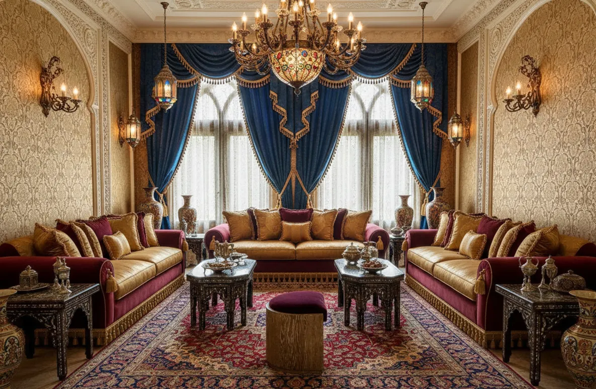 Antigua banqueta de forma redonda en un elegante salón con sofá dorado y cortinas azules.