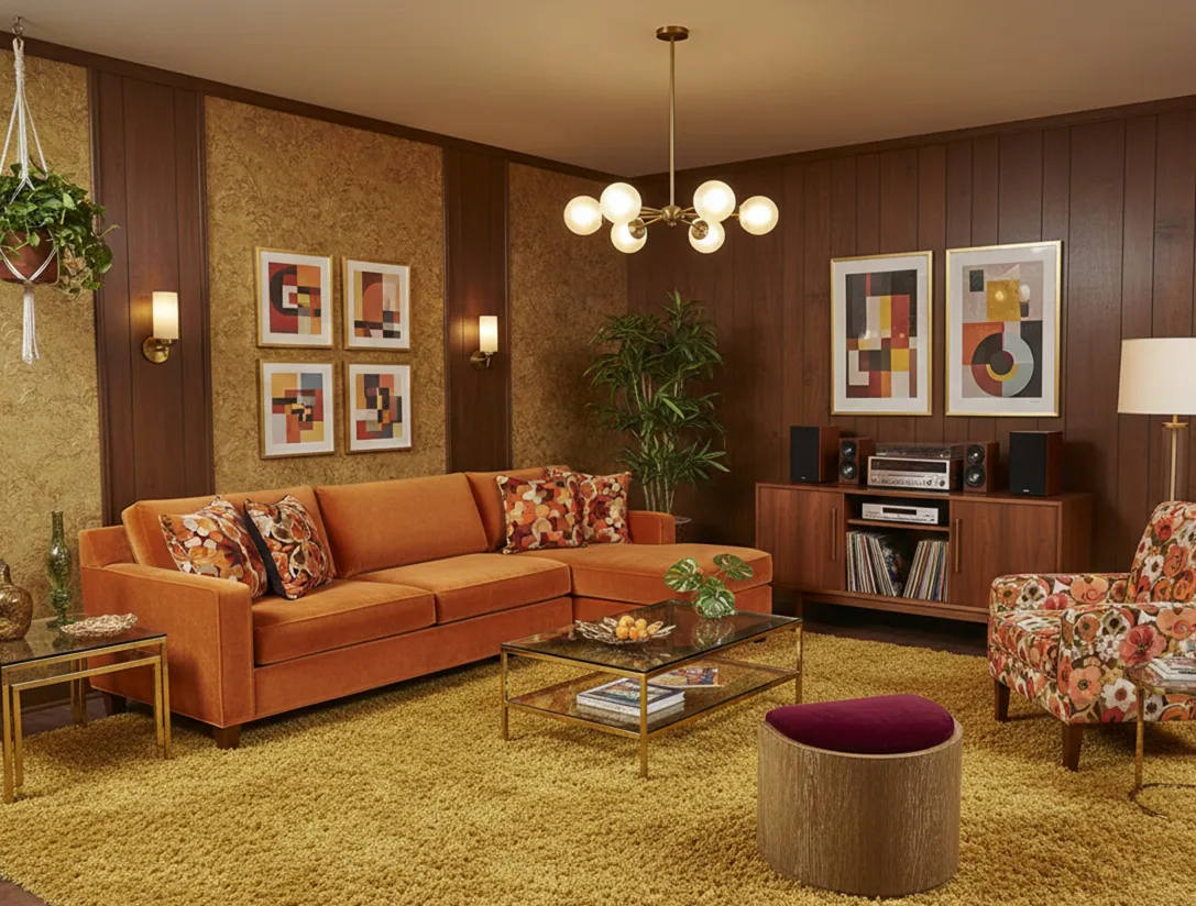 antiker Hocker dekorativ in einem gemütlichen Wohnzimmer mit orangefarbigem Sofa und Pflanzen