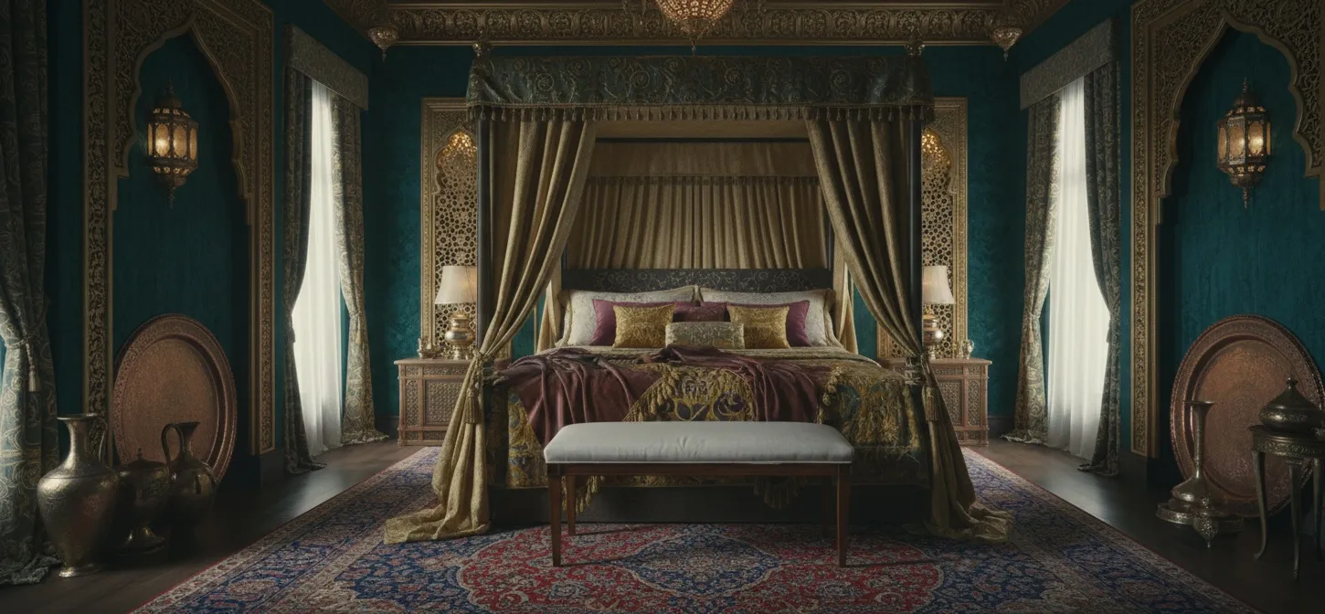 antique bench in a bedroom decorated with curtains and pillows