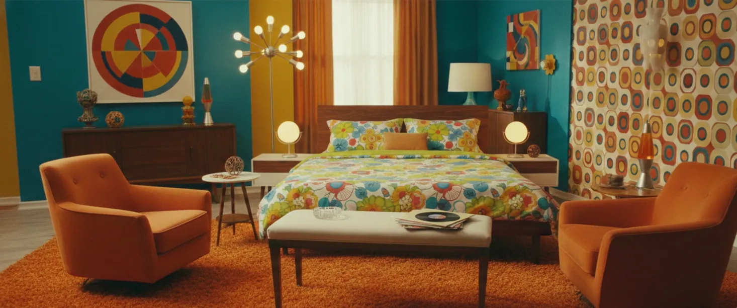 banqueta antiga com decoração colorida em ambiente retrô