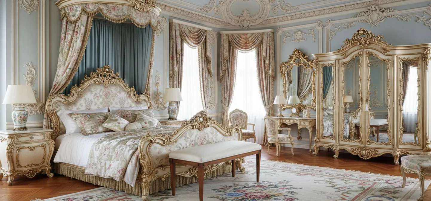 Antiga banqueta ao pé da cama, design elegante em um ambiente clássico.