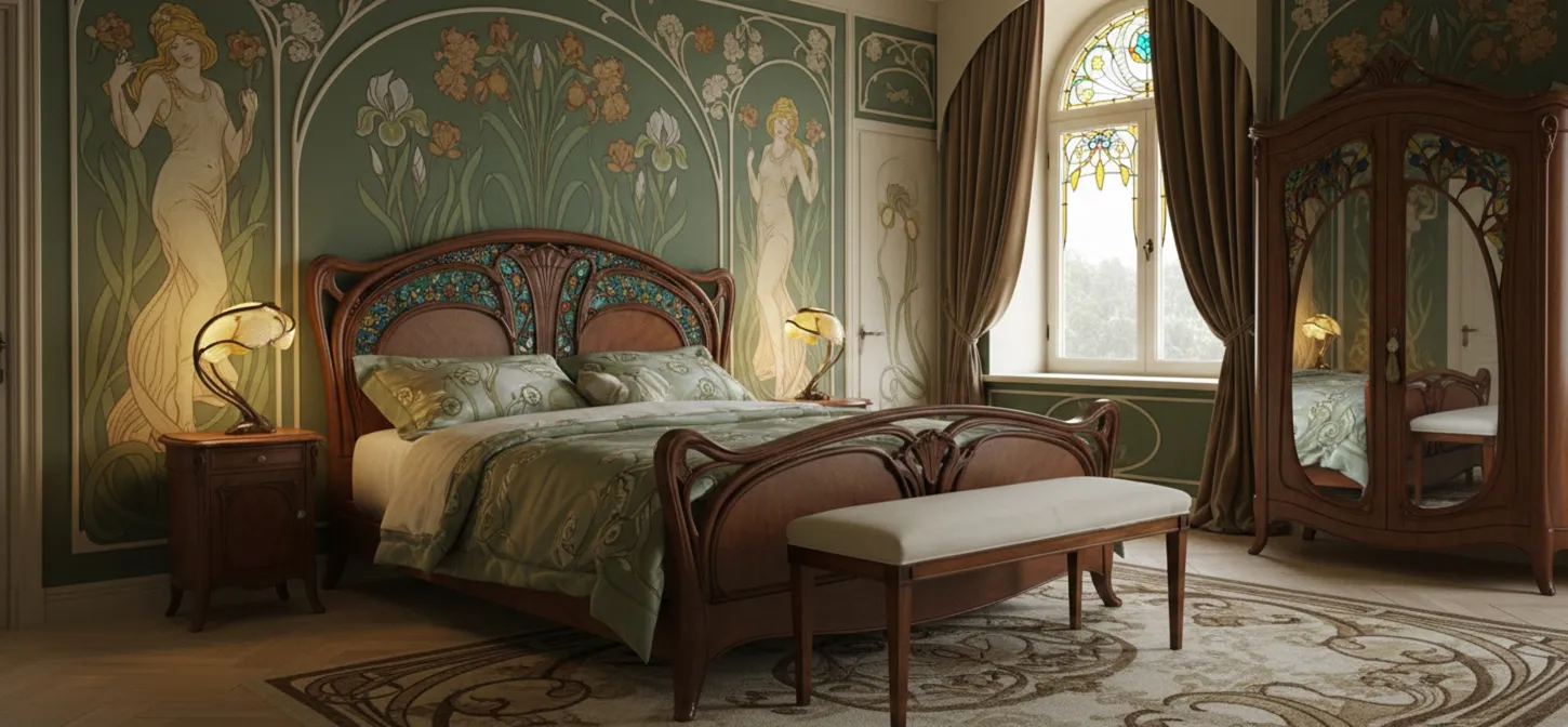 antique bench in a bedroom with floral decor