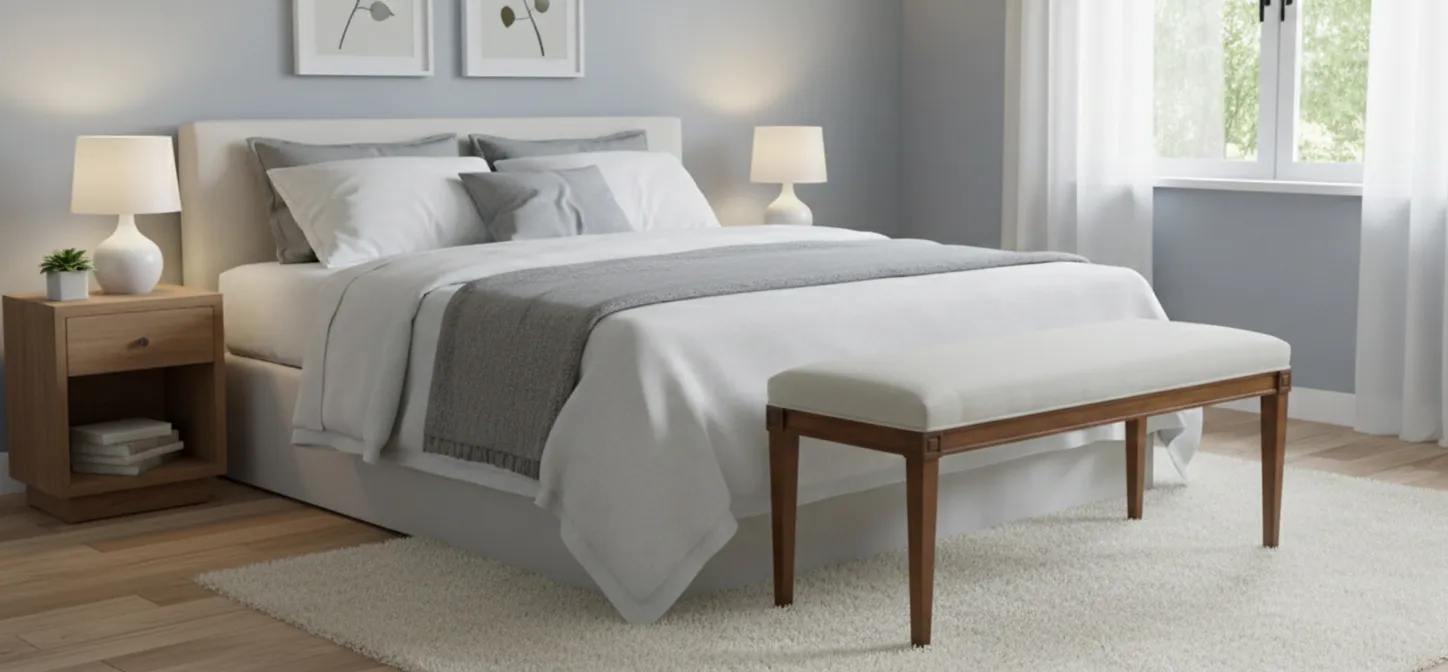 antique white stool in a cozy bedroom with bed and lamps