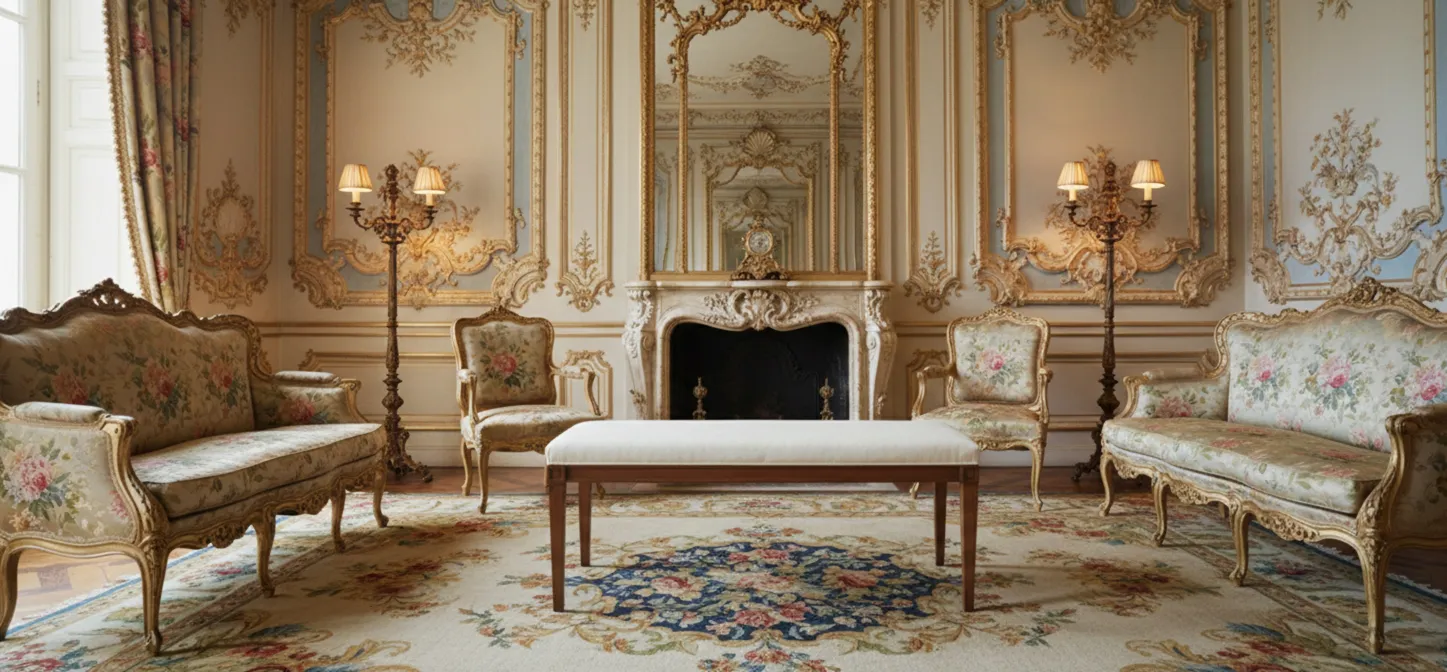 Banqueta antiga em uma sala de estar elegante com decoração floral