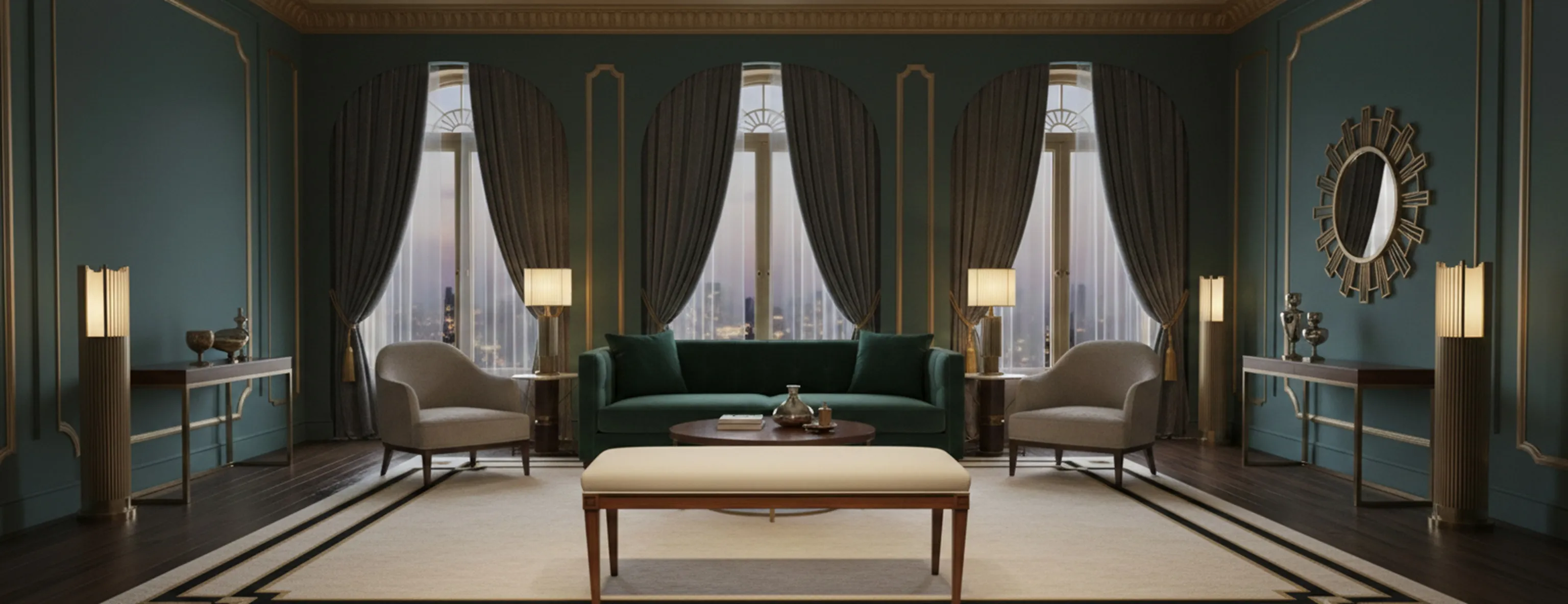 antiga banqueta em uma sala de estar elegante com janelas grandes