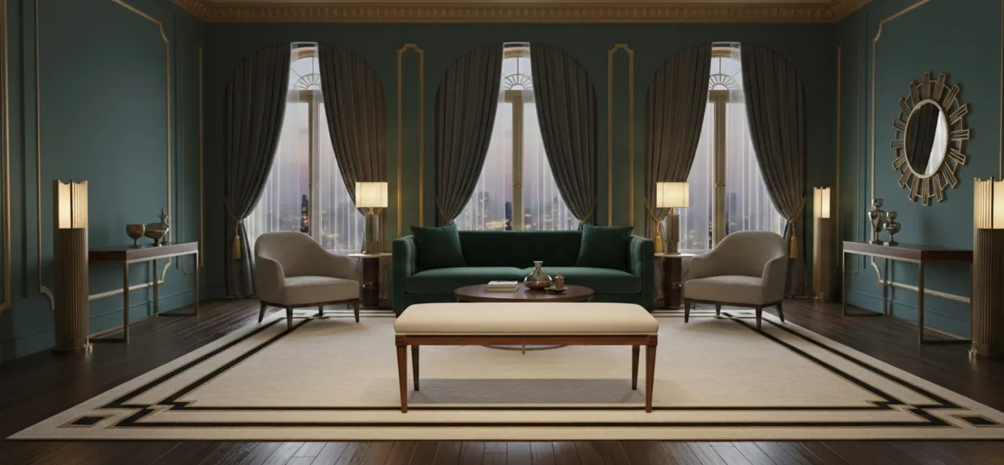 banqueta antiga em um ambiente elegante com poltronas e lâmpadas