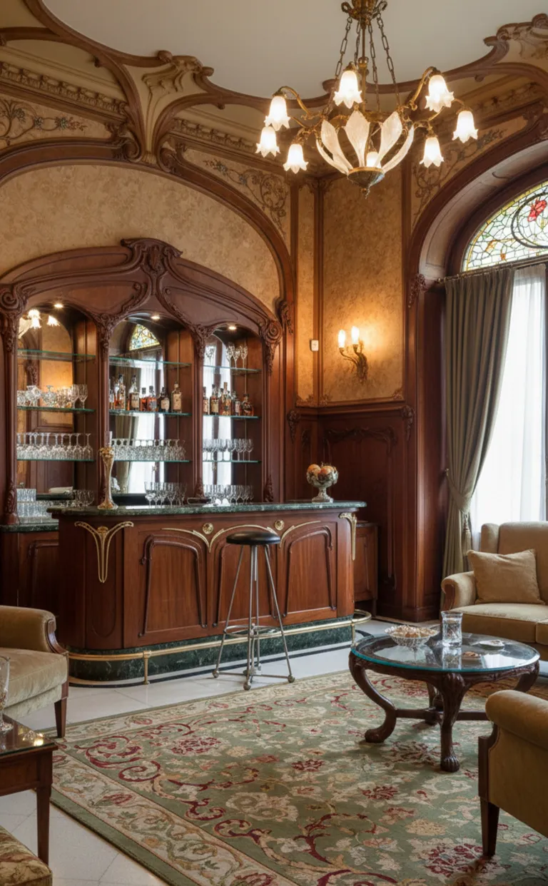 antique stool in a classy bar environment with glass and wood elements