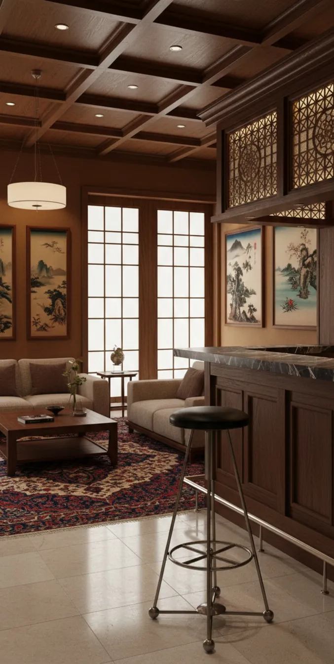 पुराना काला सीट वाला स्टूल आरामदायक कमरे में