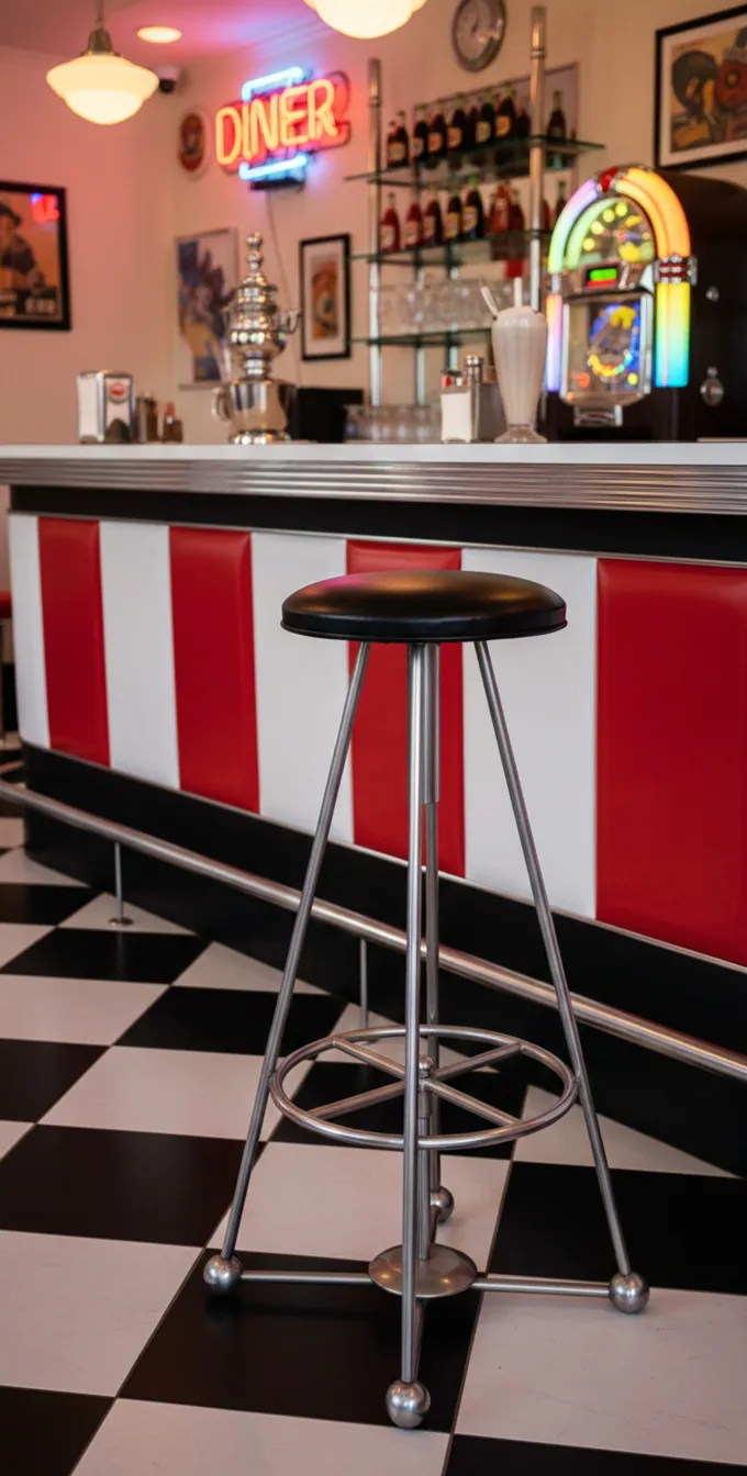 Tabouret ancien avec un siège noir dans un diner coloré
