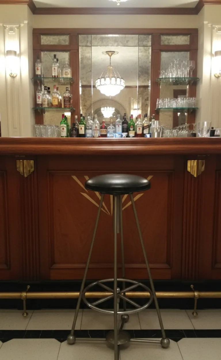 Banqueta antigua en un bar con fondo de botellas