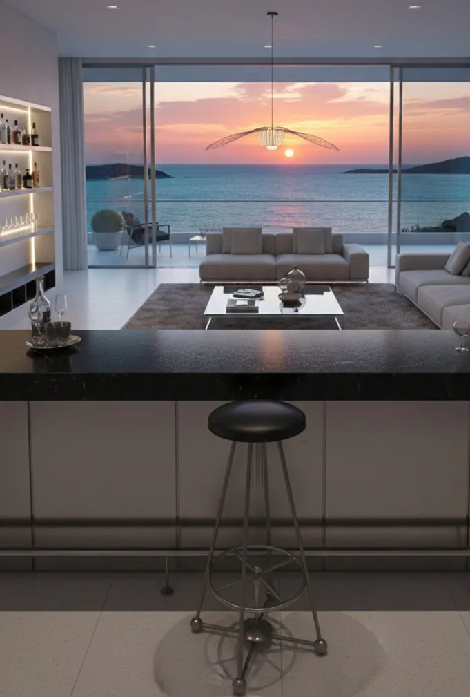 Tabouret de bar antique noir avec des détails, vue sur la mer.