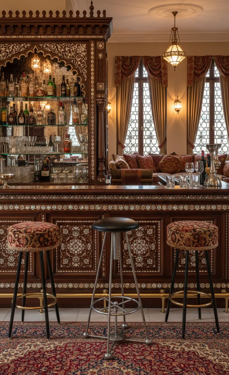 view of an antique stool with colorful upholstery next to an elegant bar