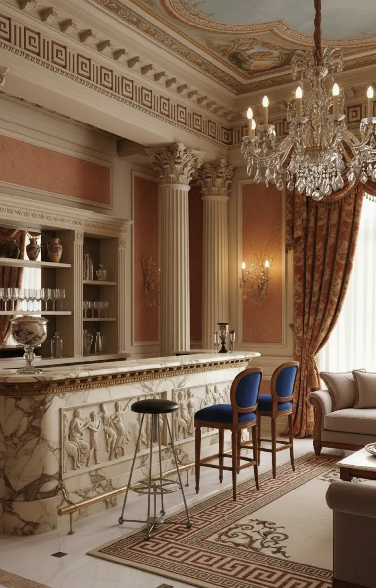 Antigua banqueta en un elegante bar clásico con detalles en oro.