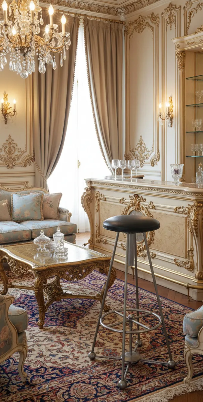 Schwarzer antiker Hocker in einem eleganten Wohnzimmer mit Kronleuchter und Sofas.