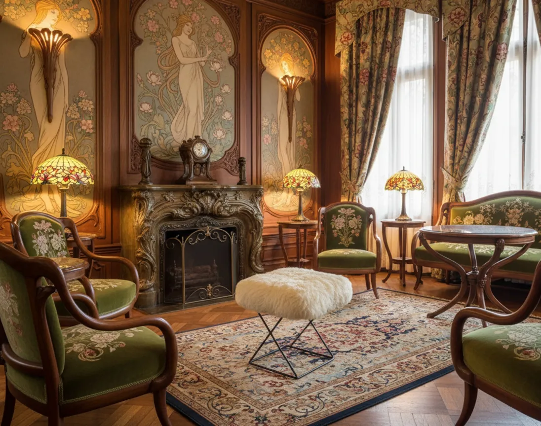 Sgabello antico con design classico in un elegante soggiorno.