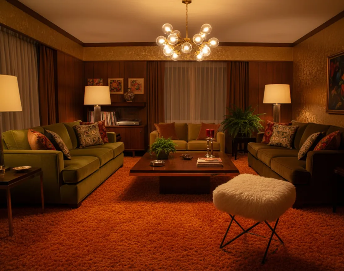 Antique sidewalk seat in a living room with orange carpet and green sofas