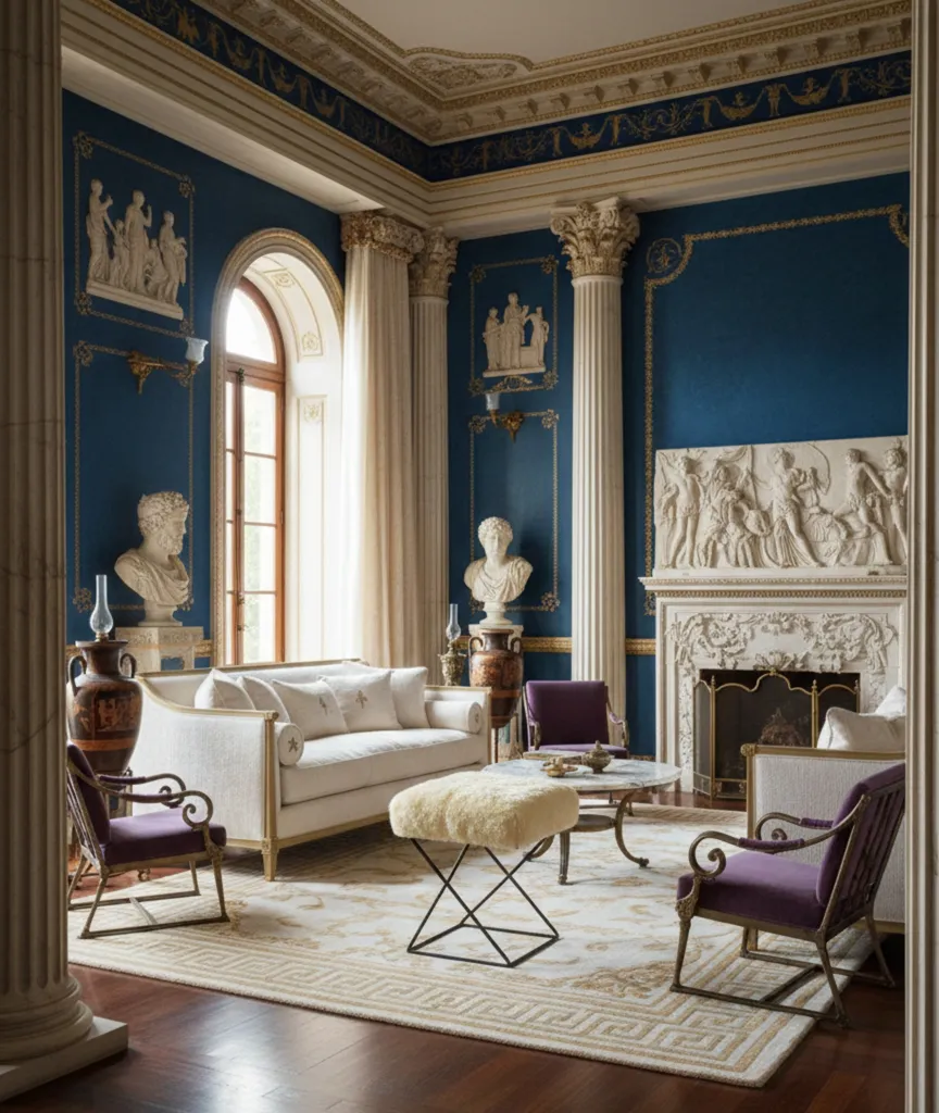 antiga banqueta de estilo classico decorando uma sala elegante