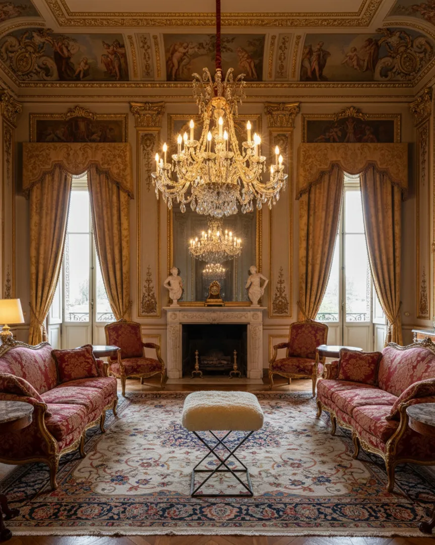 Banqueta antiga em sala elegante com chandelier