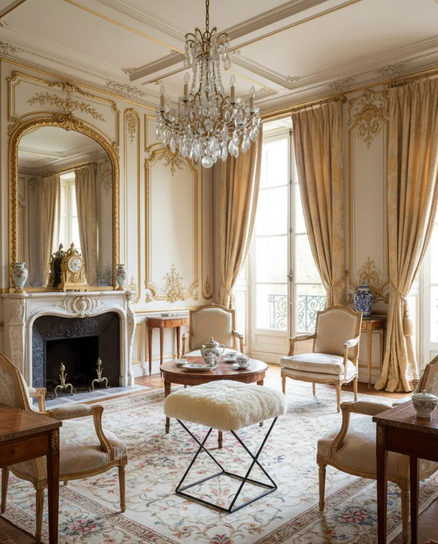 Antique stool in a classic living room with crystal chandelier and golden curtains.