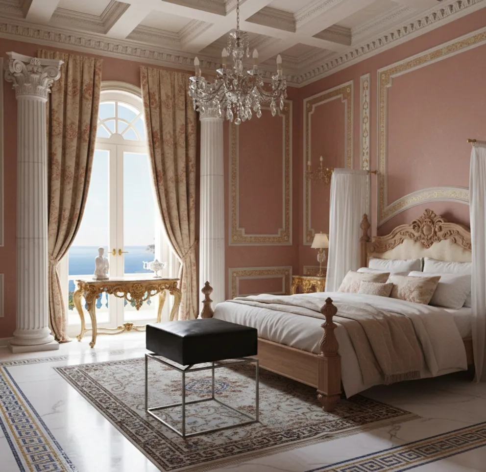 Antiga banqueta preta em um quarto elegante com luz natural