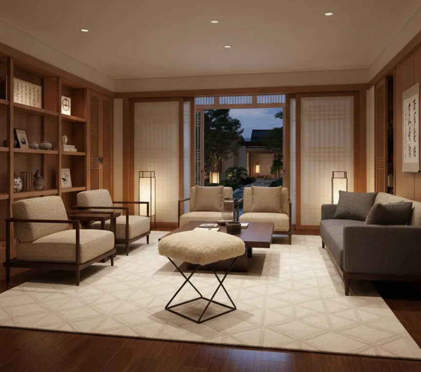 Antique stool in a cozy living room with soft lighting