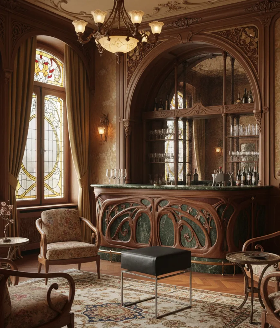 Banqueta antiga de estilo clássico em ambiente elegante com sofá floral