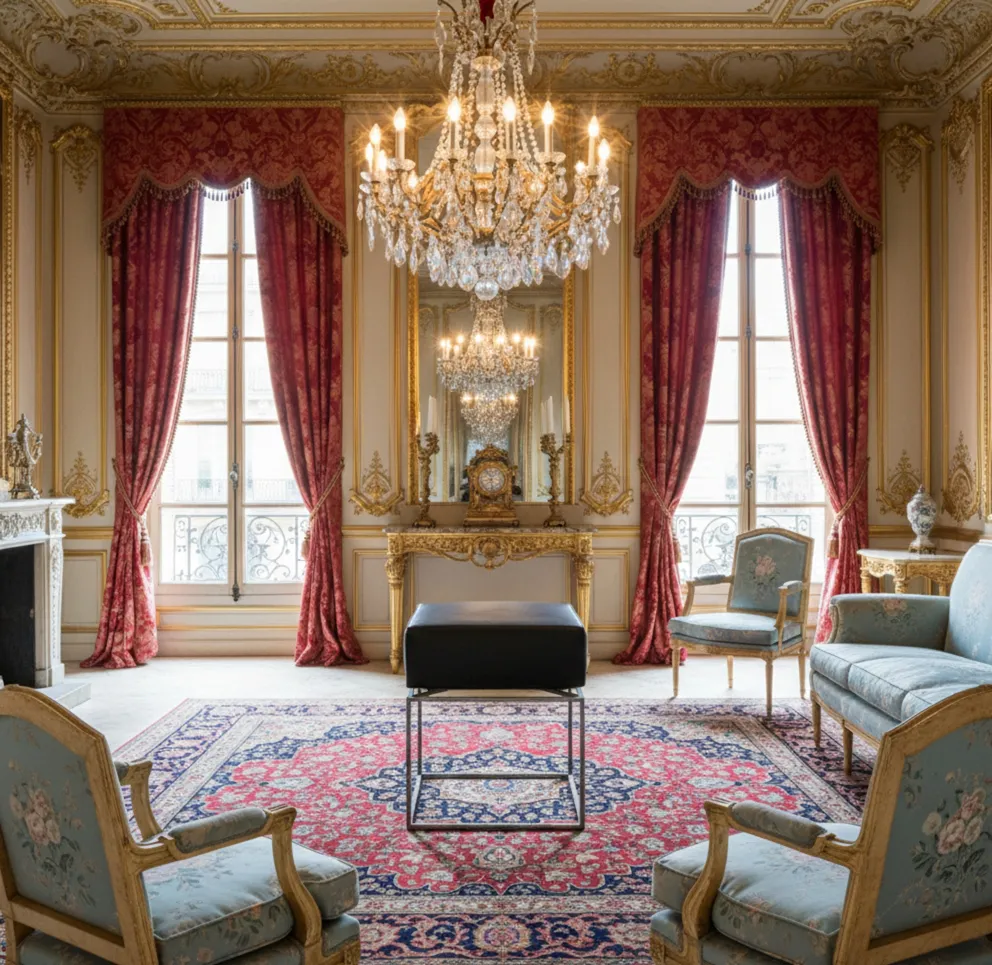 Antike Hocker in einem eleganten Wohnzimmer mit Kronleuchtern.