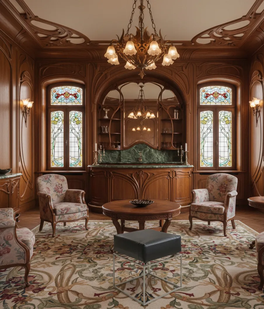 Antiker Hocker in einem eleganten Wohnzimmer mit floralen Mustern und sanfter Beleuchtung